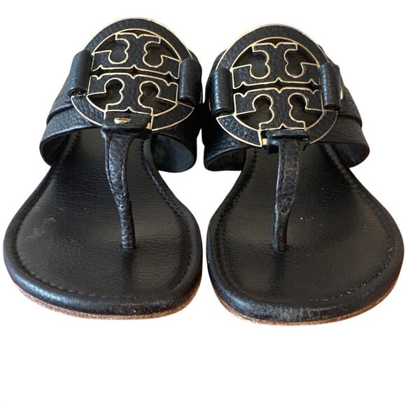 Tory Burch Amanda Thong Sandals Black Pebbled Leather 8.5 - Picture 2 of 11